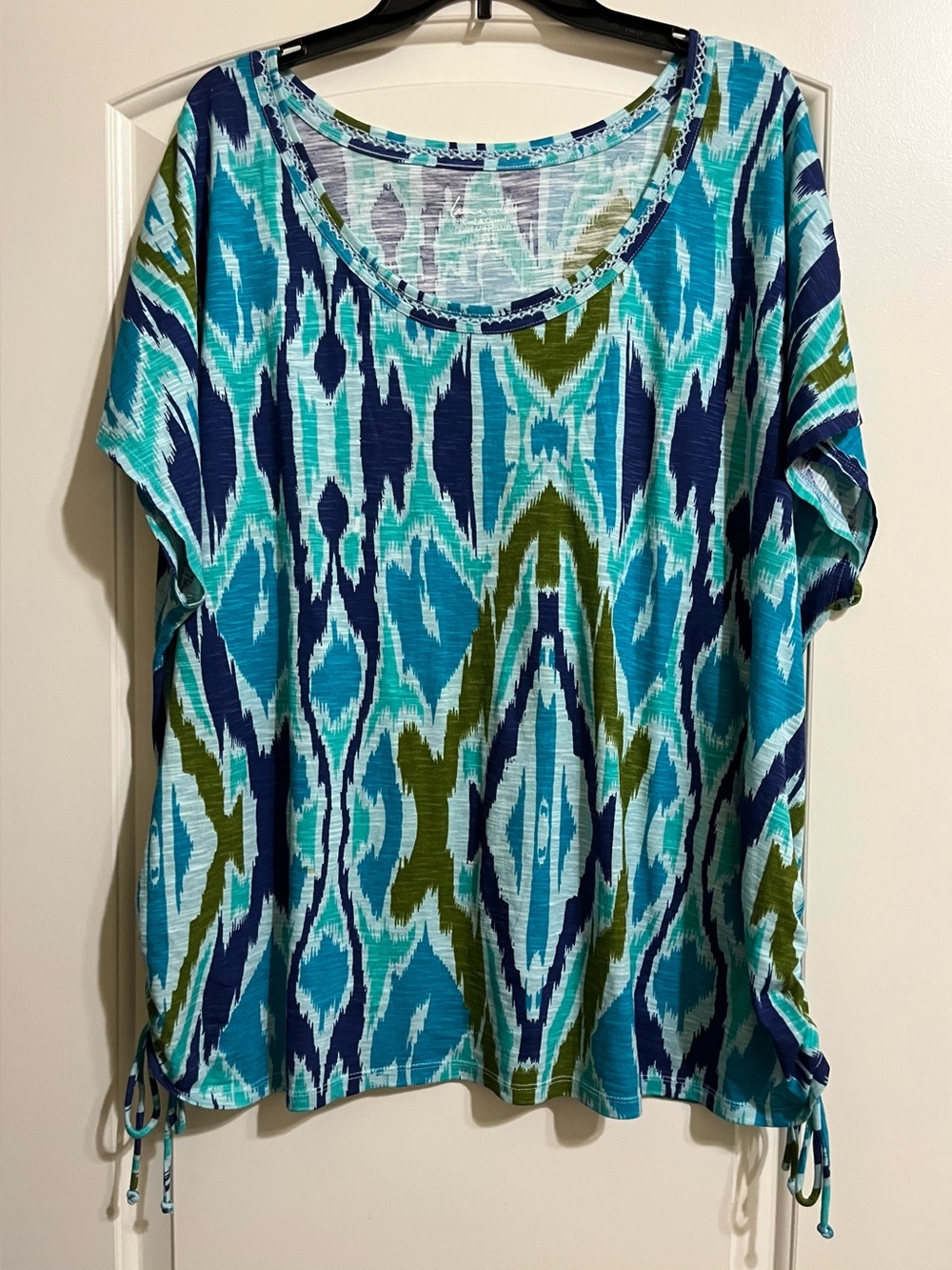 Lane Bryant Cool & Casual Blue Green Ikat 100% Cotton Top Blouse 22 24